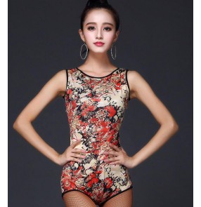 Gold red floral printed red leopard backless fashion sexy women's competition performance latin ballroom leotards bodysuits tops 